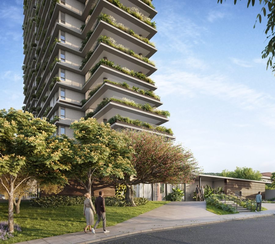 Fachada do Casa Alta Uberlândia com jardineiras e taipa
