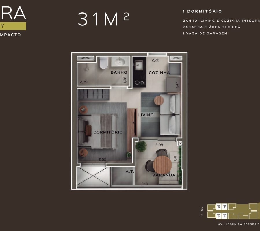 1 quarto, banheiro social, living e cozinha  integrados, varanda, área técnica e 1 vaga de garagem.