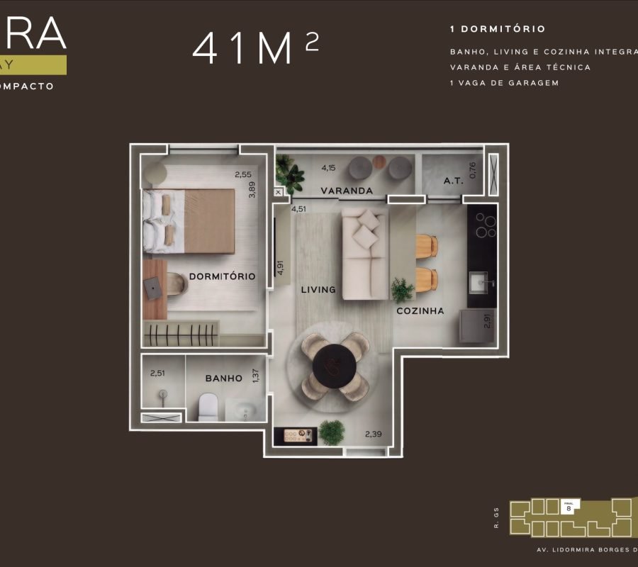 1 quarto, banheiro social, living e cozinha integrados, varanda, área técnica e 1 vaga de garagem.