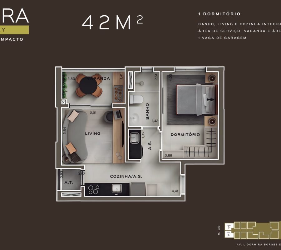 1 quarto, banheiro social, living e cozinha  integrados, área de serviço, varanda, área técnica e 1 vaga de garagem.