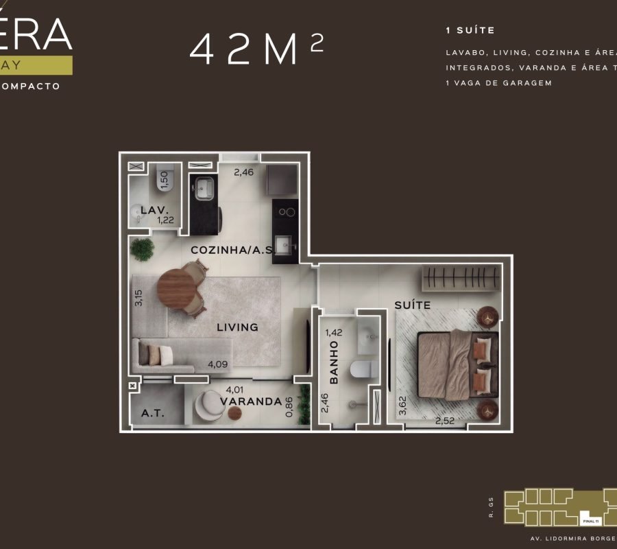 1 suíte, lavabo, living, cozinha e área de serviço integrados, varanda, área técnica e 1 vaga de garagem.