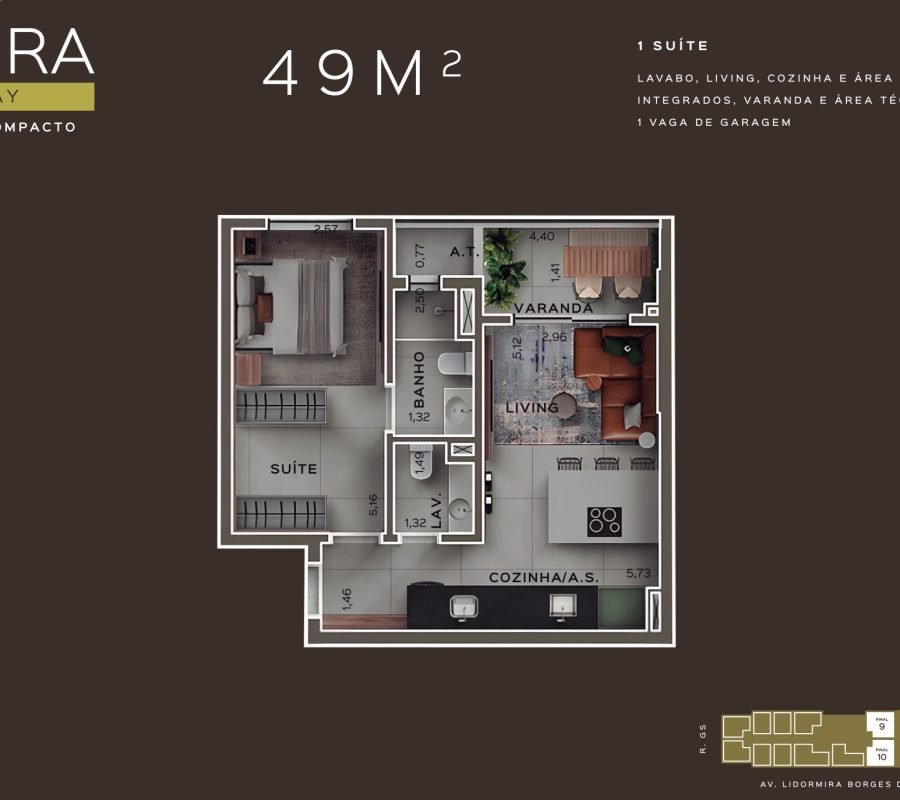 1 suíte, lavabo, living, cozinha e área de serviço integrados, varanda, área técnica e 1 vaga de garagem.